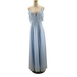 BRIDESMAID SZ 4 S Blue Pleated V-Neck Ruched Maxi Bridesmaid Dress NWT B117
